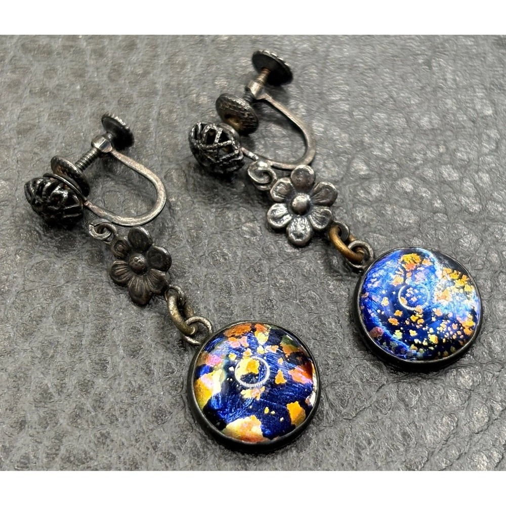 VTG Art Deco Sterling Silver Foil Glass Dangle Drop Earrings Flower Screw Back